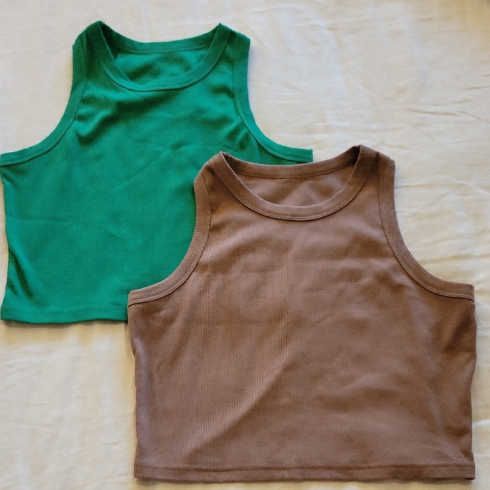 3/$20 Crop Ribbed Tank Tops - Green and Brown